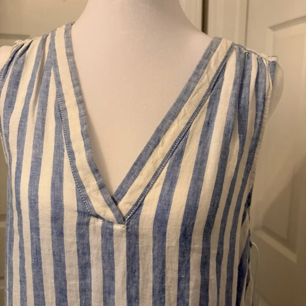 Nicole Miller 100% Linen V-Neck Dress Blue White Striped Popover Nautical Resort - Picture 2 of 10